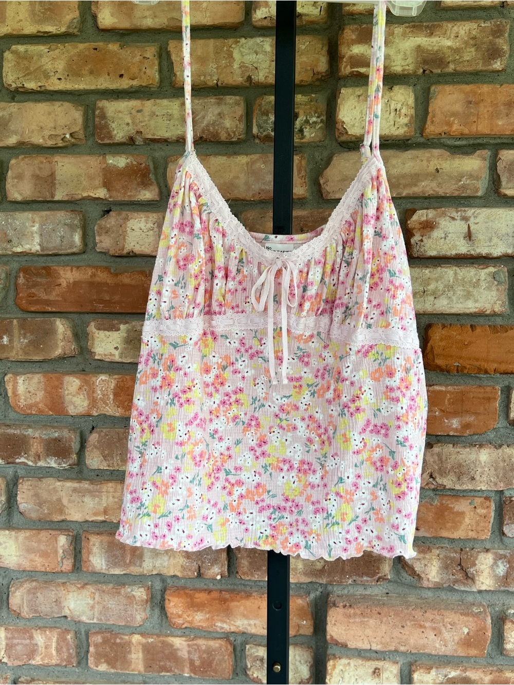 Floral Lace-Trim Pink Spaghetti Strap Top